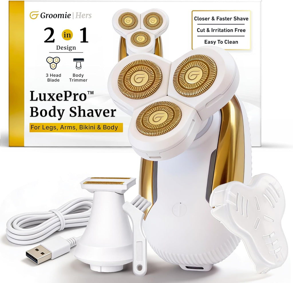Groomie Hers LuxePro Electric Body Shaver for Women – Women's Rotary Shaver, Razors for Women Sensitive Skin, Wet/Dry Cordless Rechargeable Hair Remover for Legs, Head, Arms & Underarms