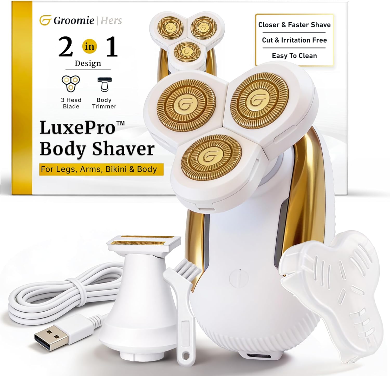 Groomie Hers LuxePro Electric Body Shaver for Women – Women's Rotary Shaver, Razors for Women Sensitive Skin, Wet/Dry Cordless Rechargeable Hair Remover for Legs, Head, Arms & Underarms