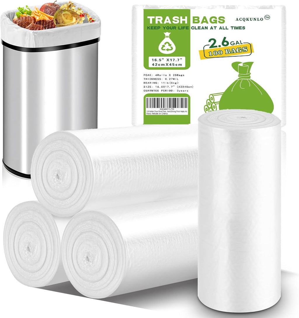2.6 Gallon Clear Small Trash Bags - Small Garbage Bags For Bathroom Can 100 Counts Mini Kitchen Waste Basket Plastic Unscented Office Car Liners Strong Thick Acqkunlo