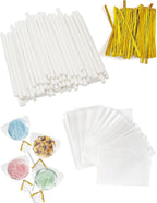 3.5mm White Lollipop Sticks and Bags Set, 100Pcs 4-inch Paper Sticks,100Pcs Clear Bags, 100Pcs Twist Ties for Sucker, Hard Candy, Chocolate, Cookie, Dessert (Gold)