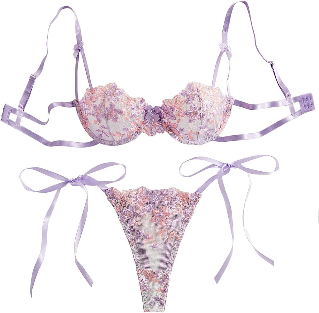 Lilosy Sexy Tie Side Cute Underwire Push Up Strappy Embroidered Mesh Sheer Lingerie Set