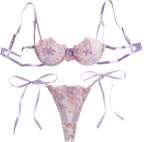Lilosy Sexy Tie Side Cute Underwire Push Up Strappy Embroidered Mesh Sheer Lingerie Set