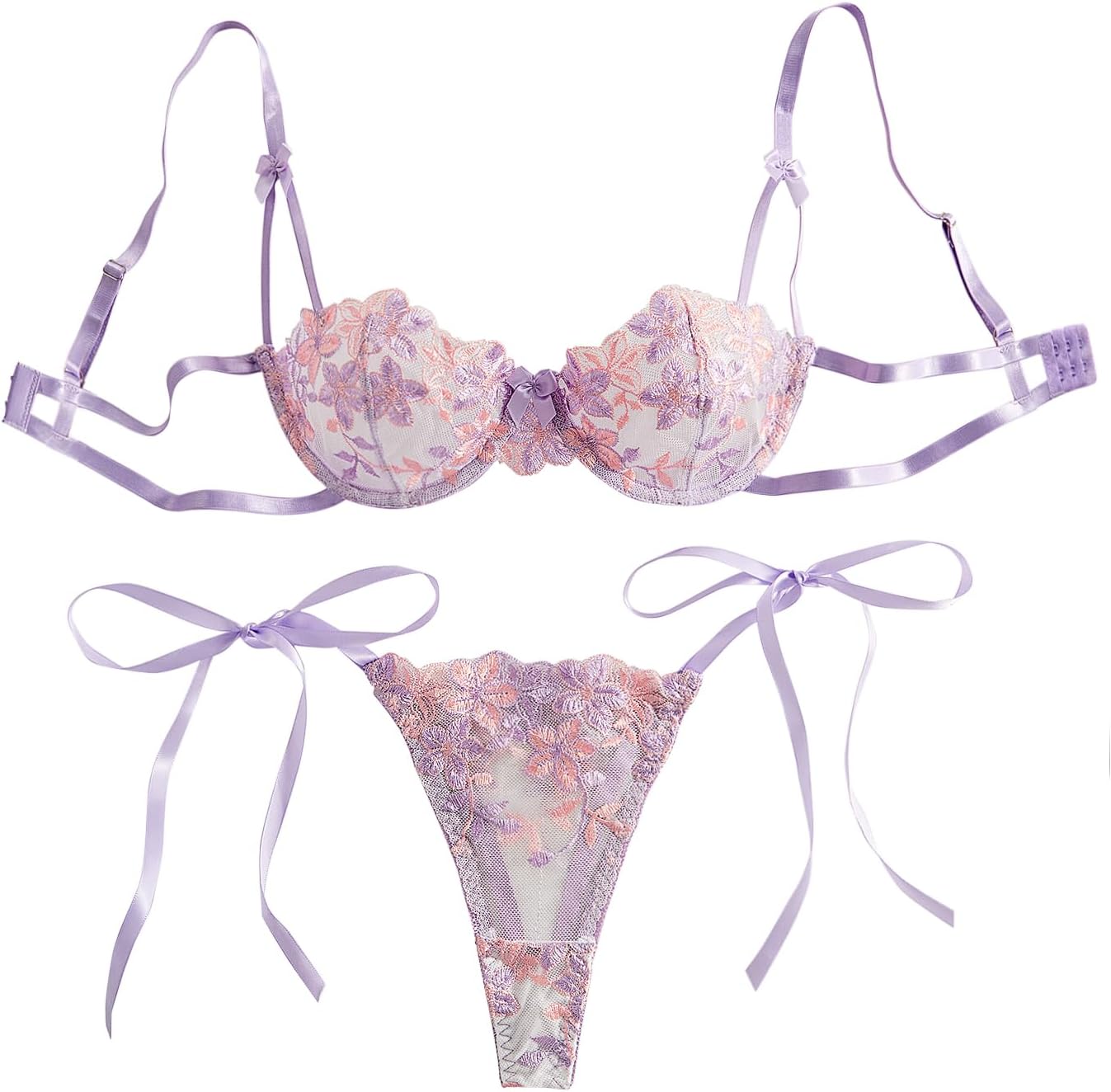 Lilosy Sexy Tie Side Cute Underwire Push Up Strappy Embroidered Mesh Sheer Lingerie Set