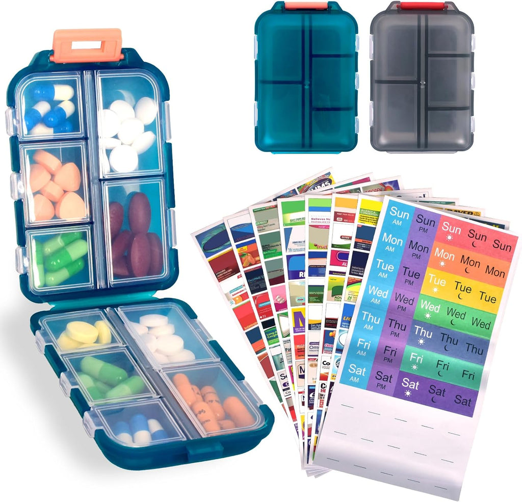 2 Pcs Travel Pill Organizer with Labels, Portable Travel Medicine Daily Pill Container Organizer 7 Day Pill Case Storage Vitamin Fish Oil (Blue & Gray, 320 Medicine Lables)