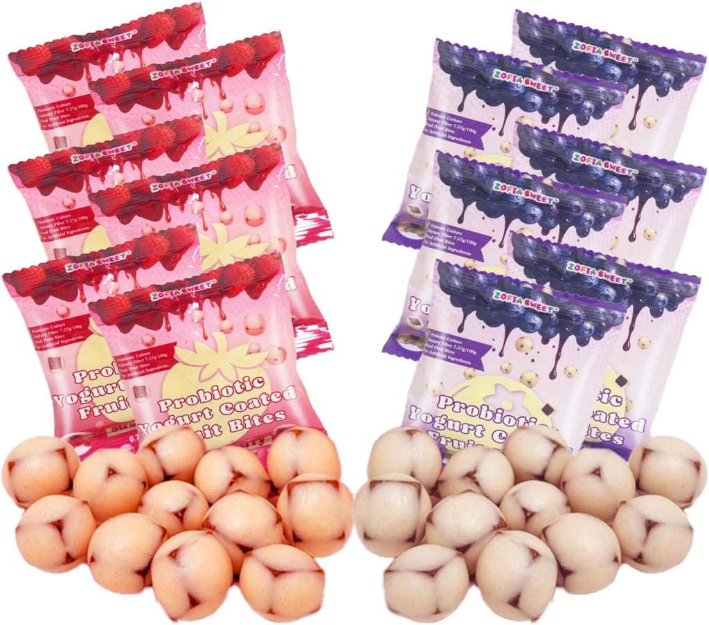 Zofia Sweet Yogurt Covered Fruit Snacks Variety Pack, 0.7oz - 12 Pouches Net 8.5oz (Strawberry 6 + Blueberry 6), Yogurt Coated Probiotic Fruits Bites, Dietary Fiber + Real Fruit, Healthy Snacks, 120Ct