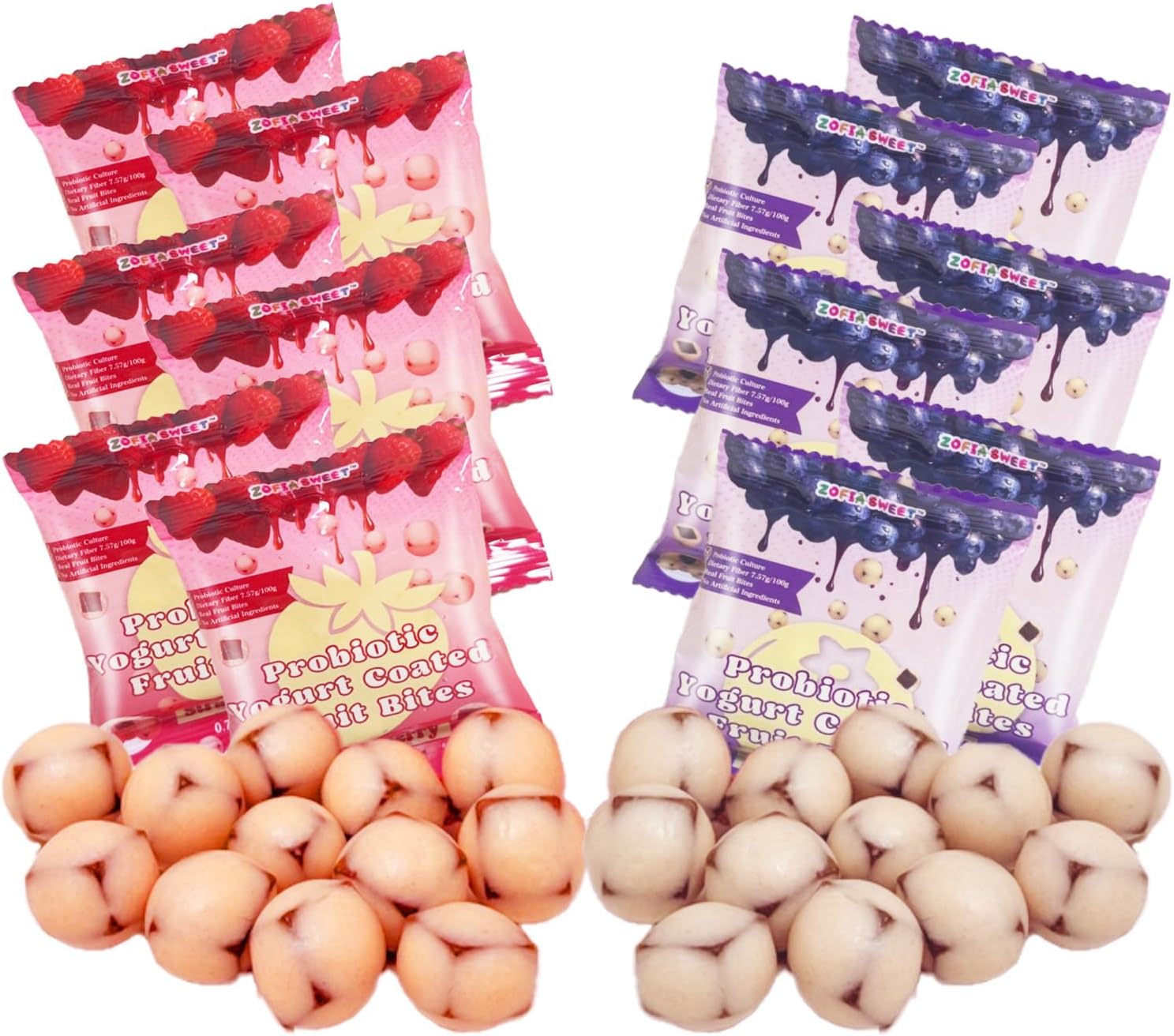 Zofia Sweet Yogurt Covered Fruit Snacks Variety Pack, 0.7oz - 12 Pouches Net 8.5oz (Strawberry 6 + Blueberry 6), Yogurt Coated Probiotic Fruits Bites, Dietary Fiber + Real Fruit, Healthy Snacks, 120Ct