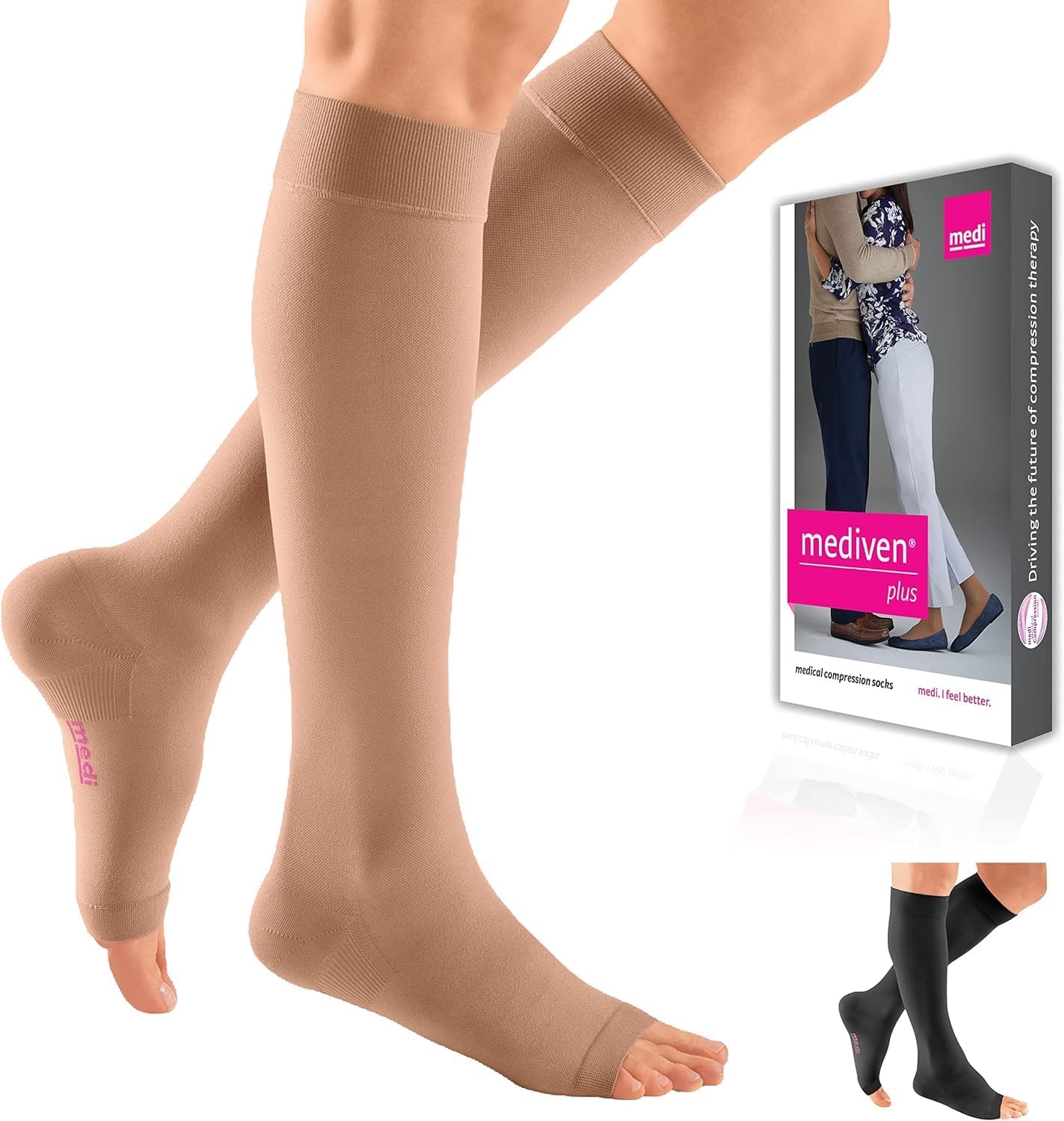 mediven Plus for Women & Men, 20-30 mmHg – Knee High Compression Socks with Silicone Top Band, Open Toe Leg Circulation, Opaque Leg Support Compression Coverage, V-Extra Wide, Standard, Beige
