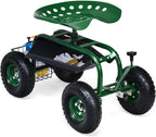 IRONMAX Garden Work Seat with Wheels, Rolling Heavy Duty Gardening Stool with Height Adjustable Seat, Steering Rod, Storage Tray & Basket, Outdoor Garden Yard Lawn Cart with Seat
