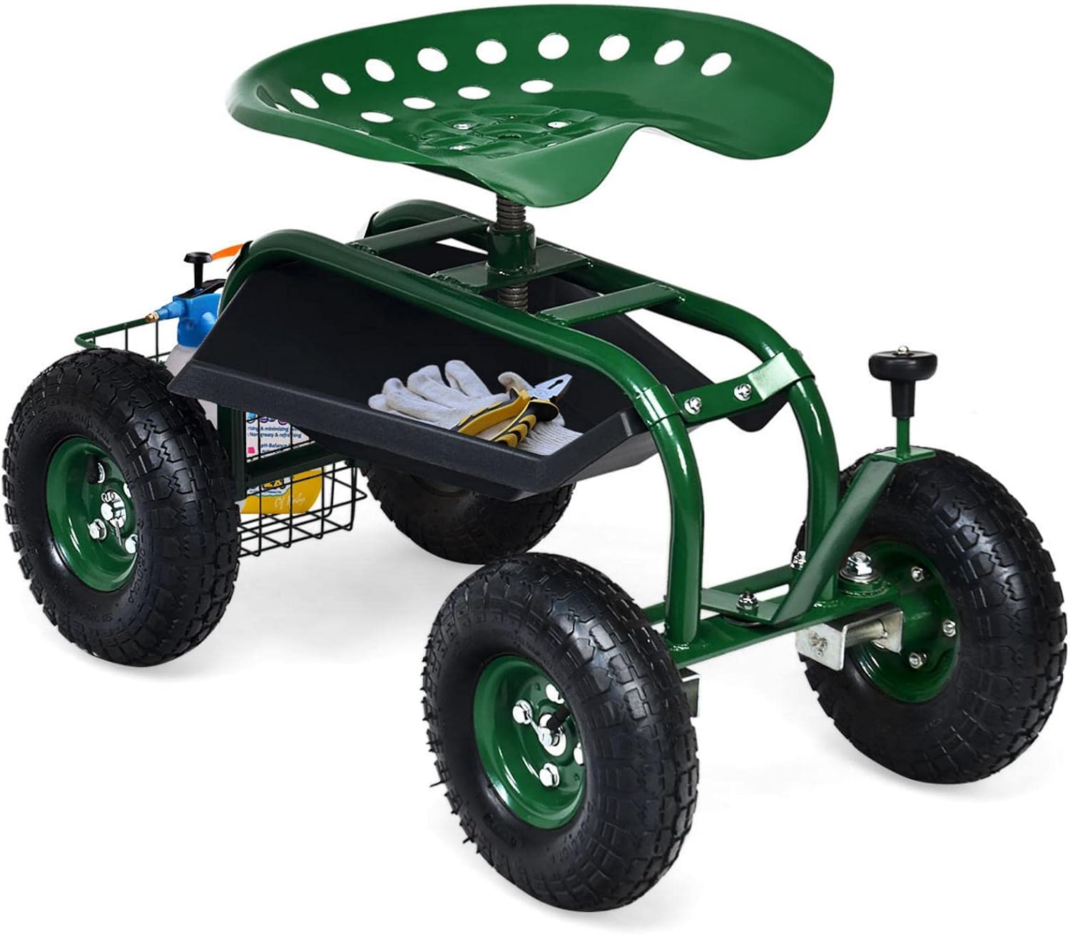IRONMAX Garden Work Seat with Wheels, Rolling Heavy Duty Gardening Stool with Height Adjustable Seat, Steering Rod, Storage Tray & Basket, Outdoor Garden Yard Lawn Cart with Seat