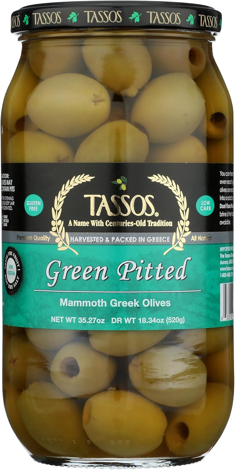 Tassos Green Pitted Mammoth Greek Olives (35.27oz) 1 Liter Jar