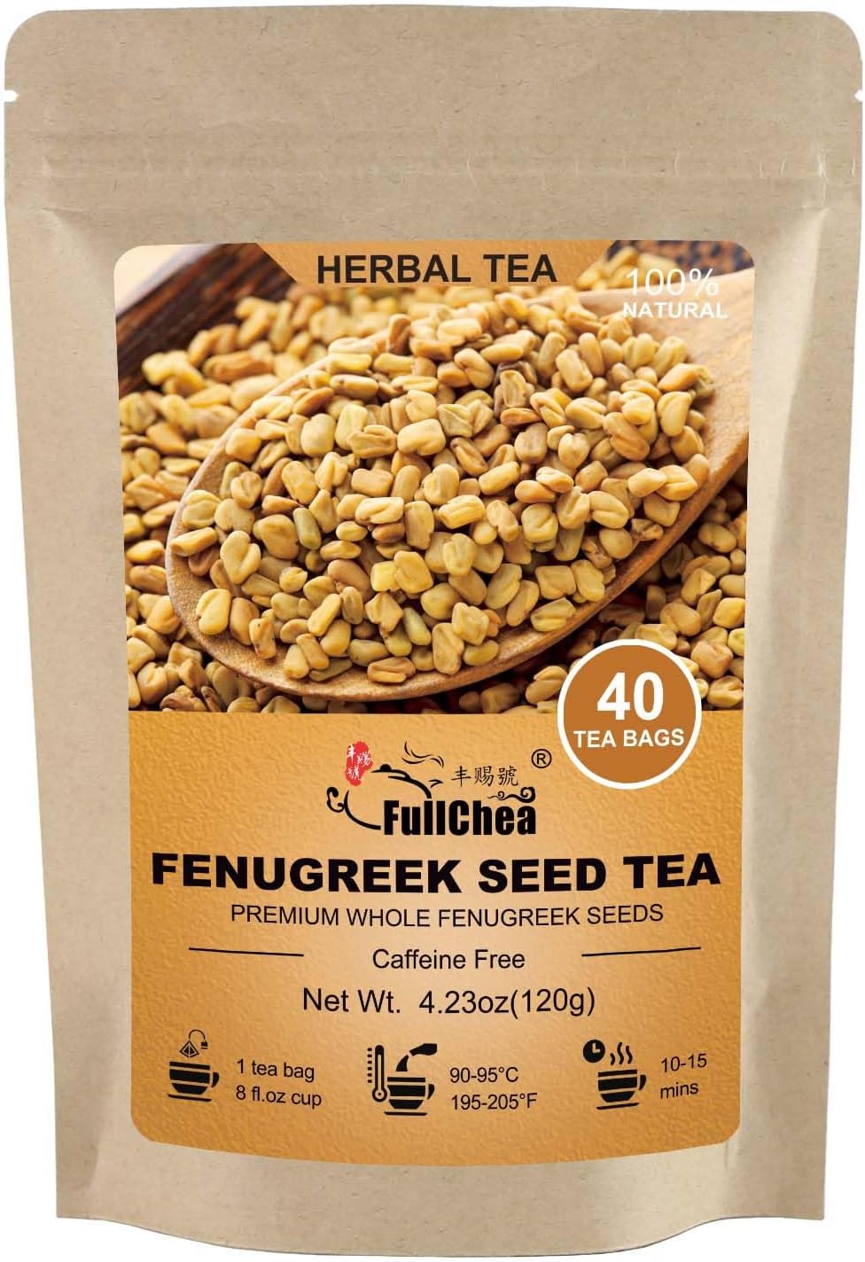 FullChea - Fenugreek Seed Tea Bags, 40 Teabags, 3g/bag - Premium Whole Fenugreek Methi Seeds - Non-GMO - Caffeine-free - Support Digestion