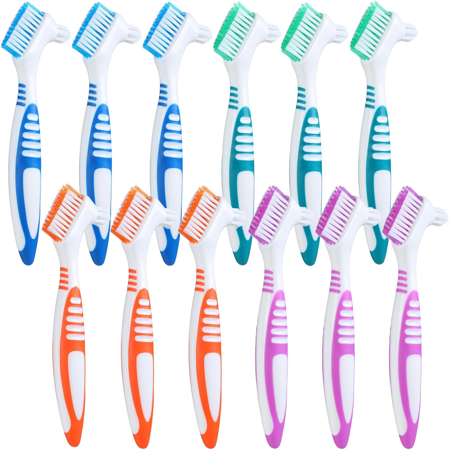 Mimorou 12 Pcs Denture Brush for False Teeth Double Sided Denture Toothbrushe with Soft Bristle, Ergonomic Anti Slip Handle Teeth Cleaner Brush for Adult(Blue, Green, Purple, Orange,Non Slip Grip)