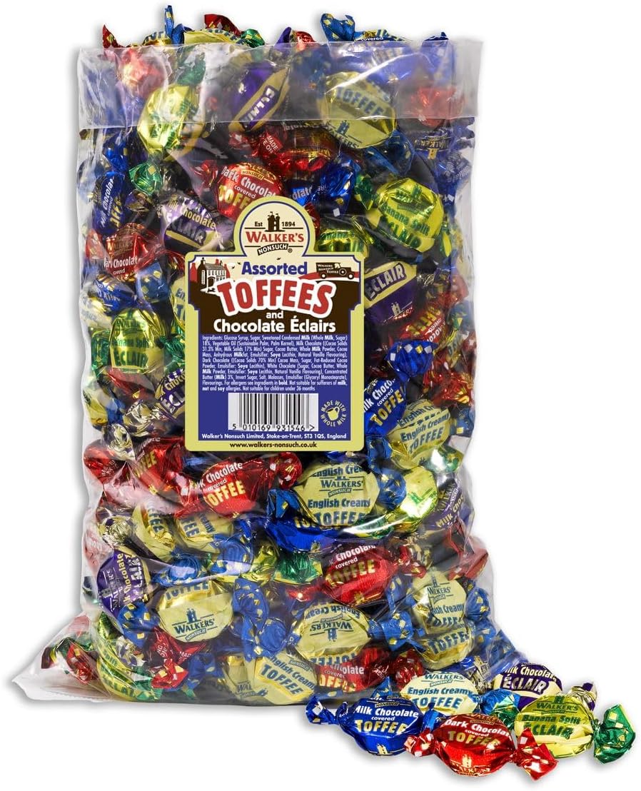 Walkers' Nonsuch Assorted Toffees & Chocolate Éclairs | 5.51 lbs (2.5kg) Bulk Bag | Contains English Creamy, Milk & Dark Chocolate Covered, Banana Split & Milk Toffees | Traditional British Candy