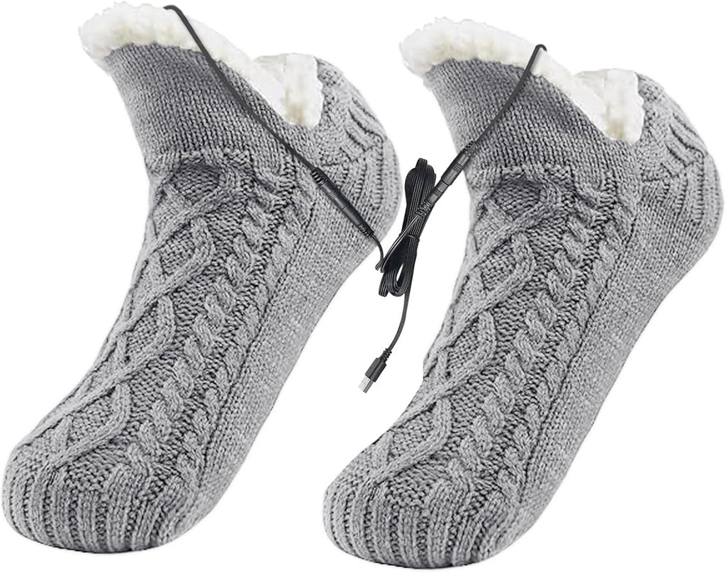 Womens USB Heated Fleece Fuzzy Socks Thermal Winter Feet Heating Pad Cozy Foot Warmer Christmas House Slipper Socks