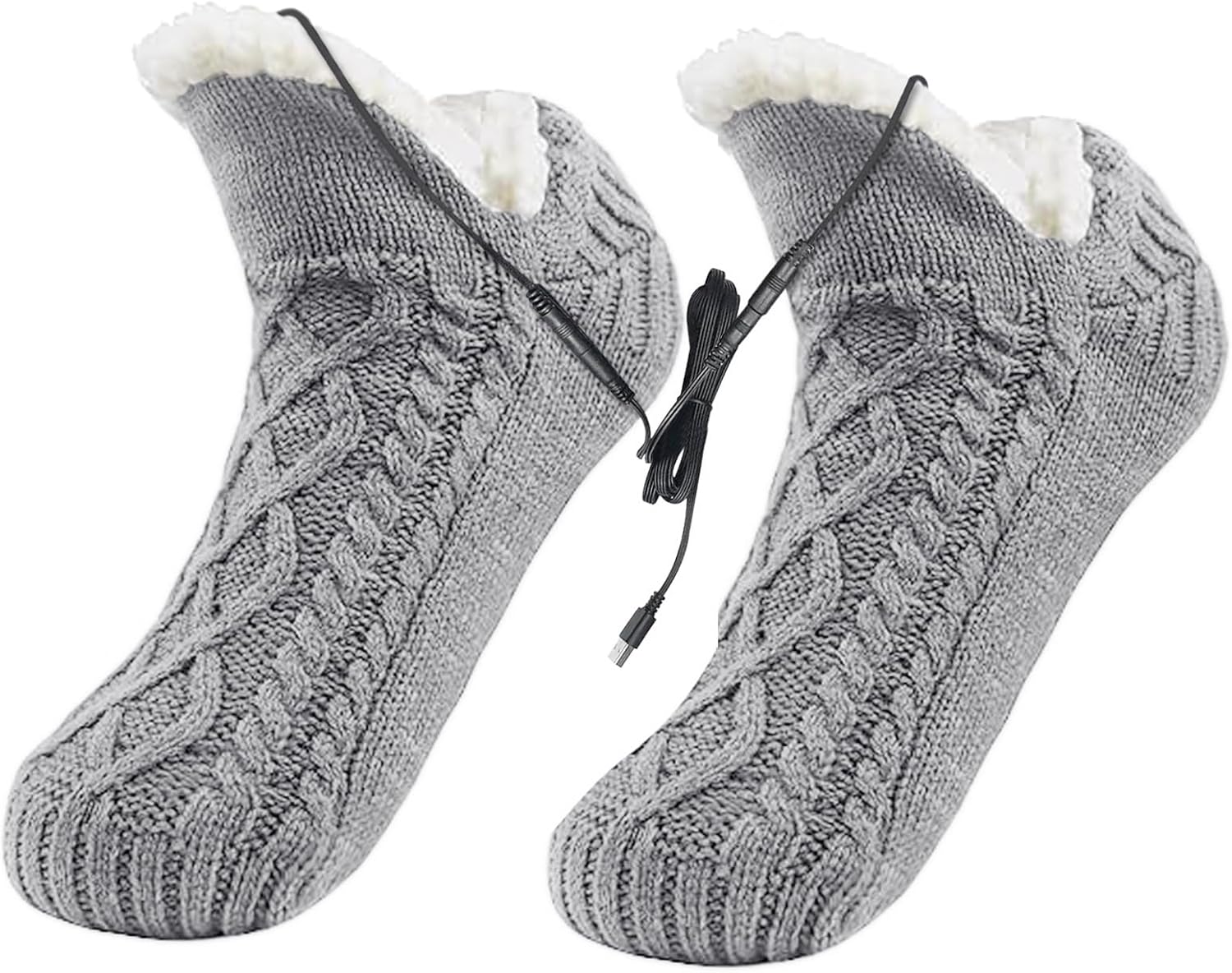 PURFUN Electric Heated Fleece Socks for Women Teens, Winter Cozy Fleece Lining Foot USB Heating Pad Anti-Slip Thermal Christmas Home Knitted Heat Socks Indoor Slippers Foot Warmer Heater Footwear
