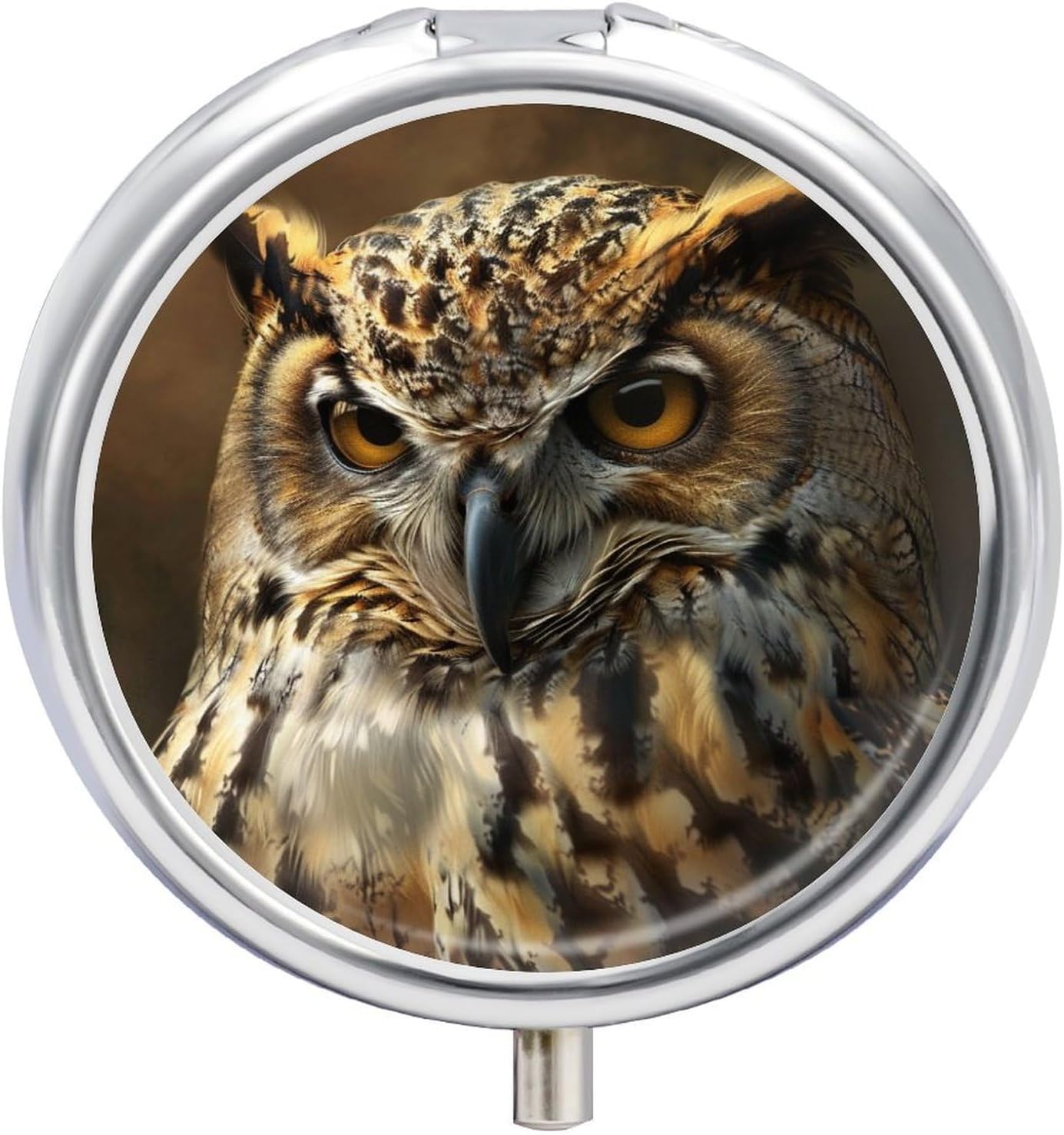 Small Travel Pill Case, Round Metal Pill Box for Pocket Purse, 3 Compartment Portable Pill Holder, Mini Pill Organizer for Travel or Daily - Owl