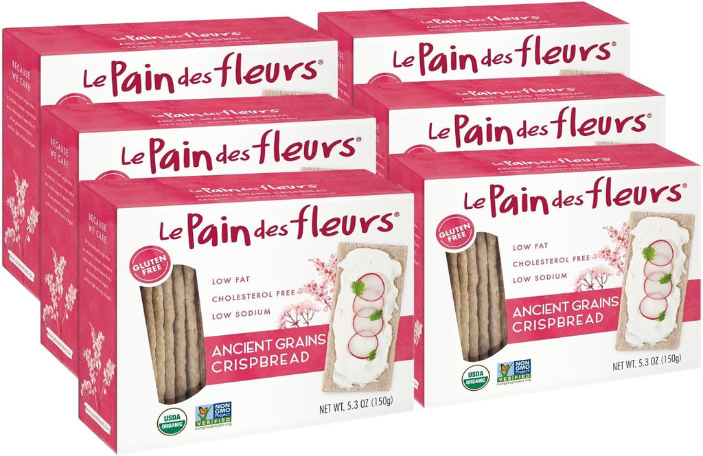 Le Pain Des Fleurs Organic Ancient Grain Crispbread | Low Sodium, Low Fat, Vegan, & Gluten Free Crackers| 6 Pack of 5.3 oz Boxes