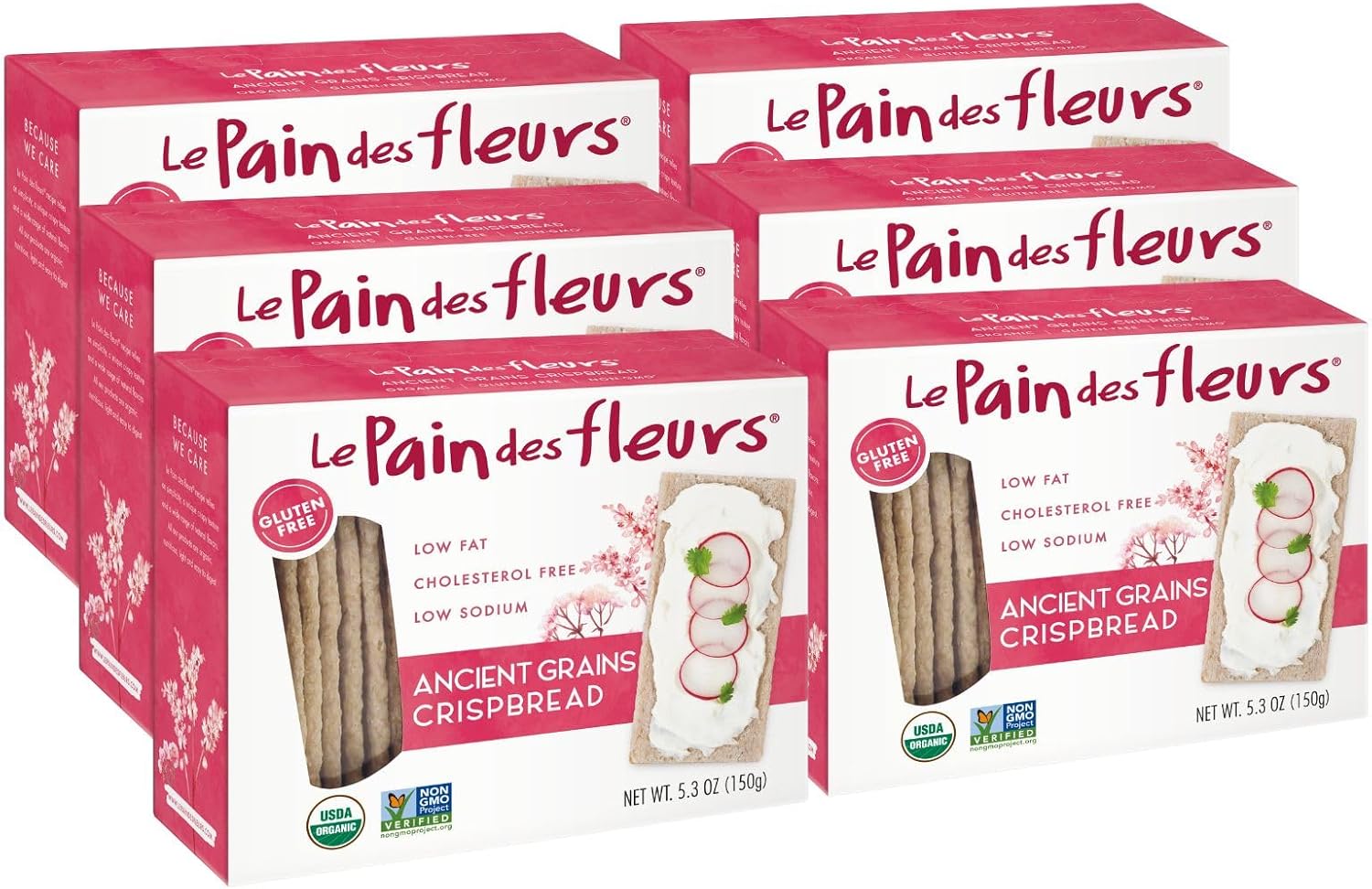 Le Pain Des Fleurs Organic Ancient Grain Crispbread | Low Sodium, Low Fat, Vegan, & Gluten Free Crackers| 6 Pack of 5.3 oz Boxes