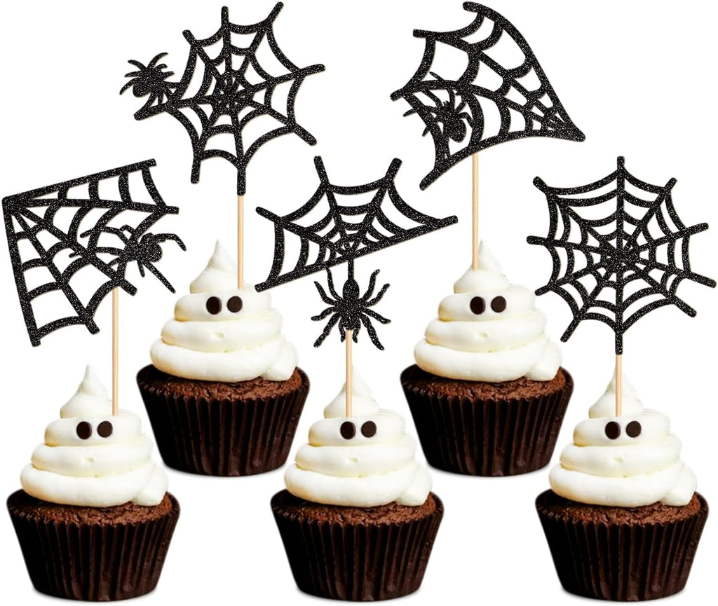 25Pcs Glitter Black Spider Webs Cupcake Toppers Halloween Spiders Cupcake Picks for Spider Web Baby Shower Boys Girls Sipderman Theme Birthday Cupcake Decorations Halloween Party Decorations