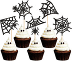 25Pcs Glitter Black Spider Webs Cupcake Toppers Halloween Spiders Cupcake Picks for Spider Web Baby Shower Boys Girls Sipderman Theme Birthday Cupcake Decorations Halloween Party Decorations