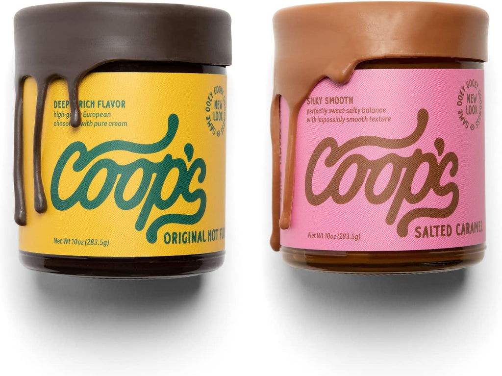 Coop's Original Hot Fudge & Salted Caramel Sauce (2- Pack): Gourmet, All Natural, Handcrafted, Gluten Free, Non-GMO, Chocolate Ice Cream Toppings, Sundae, Desserts, 10 Ounce each