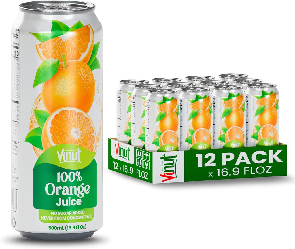 VINUT 100% Orange Juice, No Added Sugar, Never From Concentrate, 16.9 fl oz (500 mL) Can, Pack of 12