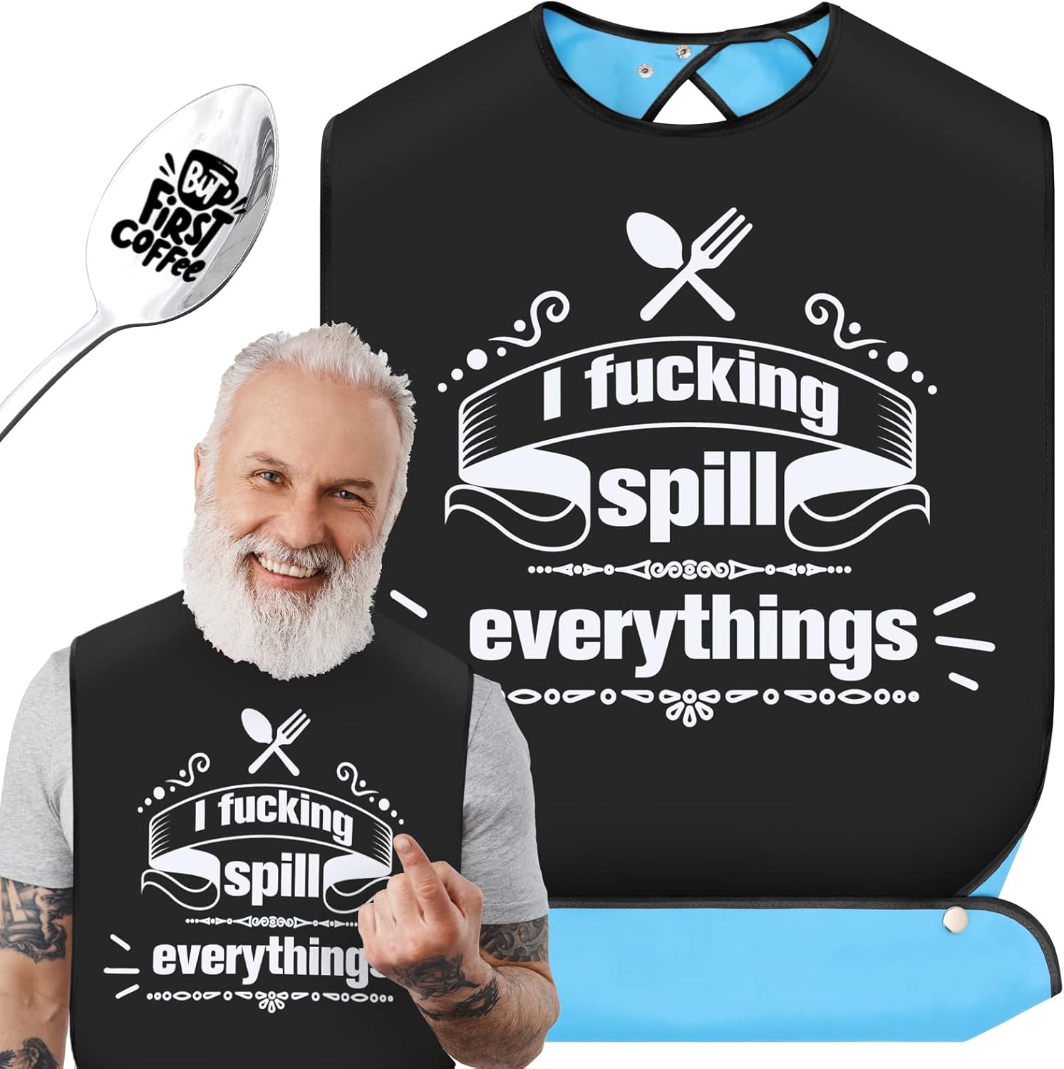 FreeNFond Funny Adult Bibs for Men Women Elderly Eating Clothing Protectors with Crumb Catcher and Coffee Spoon Gag Gifts (Spill)