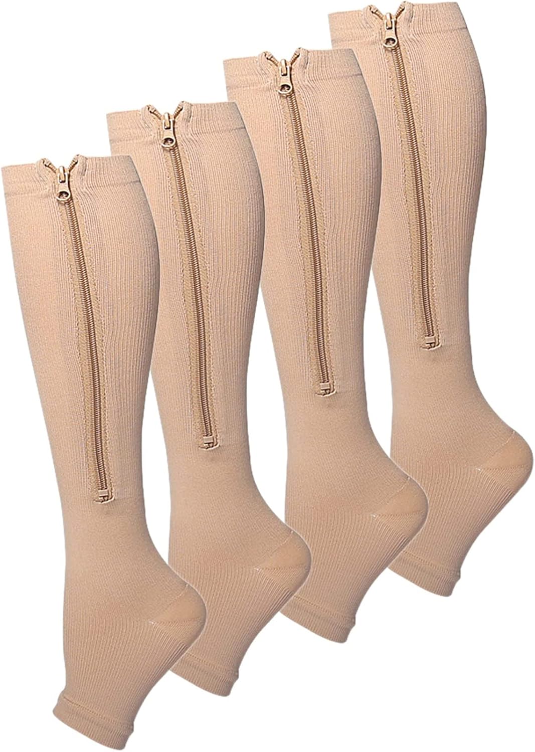 2 Pair Zipper Women Compression Stockings Burn Fat Socks Open Toe Girl Compression Slim Beauty Leg,Skin Tone,XXL