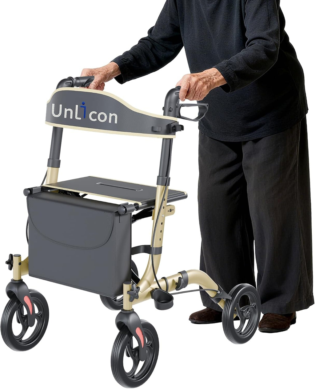 Rollator Walkers for Seniors Folding Rollator Walkers with Seat and Four 8 inch Wheels Medical Rollator Walker with Comfort Handles and Thick Backrest Aluminium Frame,Champagne
