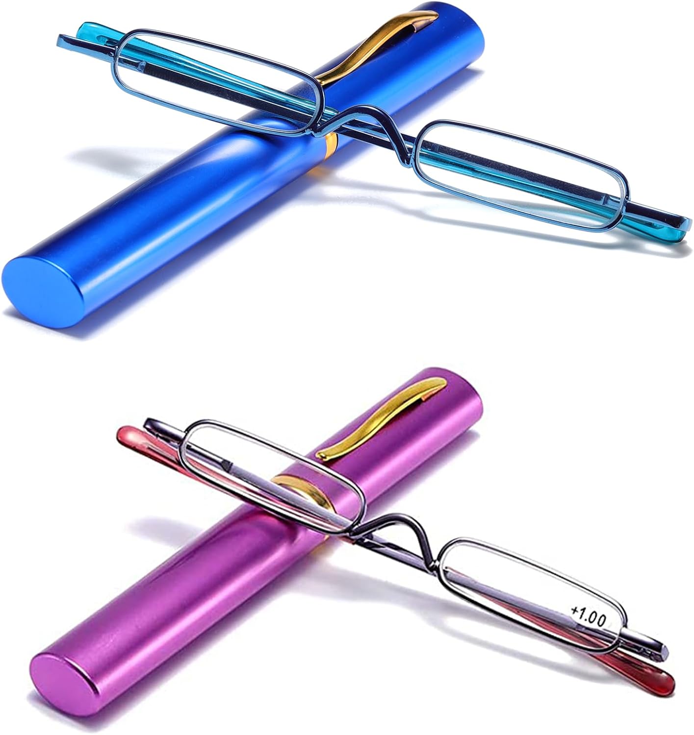 Viseng Slim Mini Metal Reading Glasses Compact Lightweight Portable Readers with Glasses Case for Reading Case Blue+Purple+2.0
