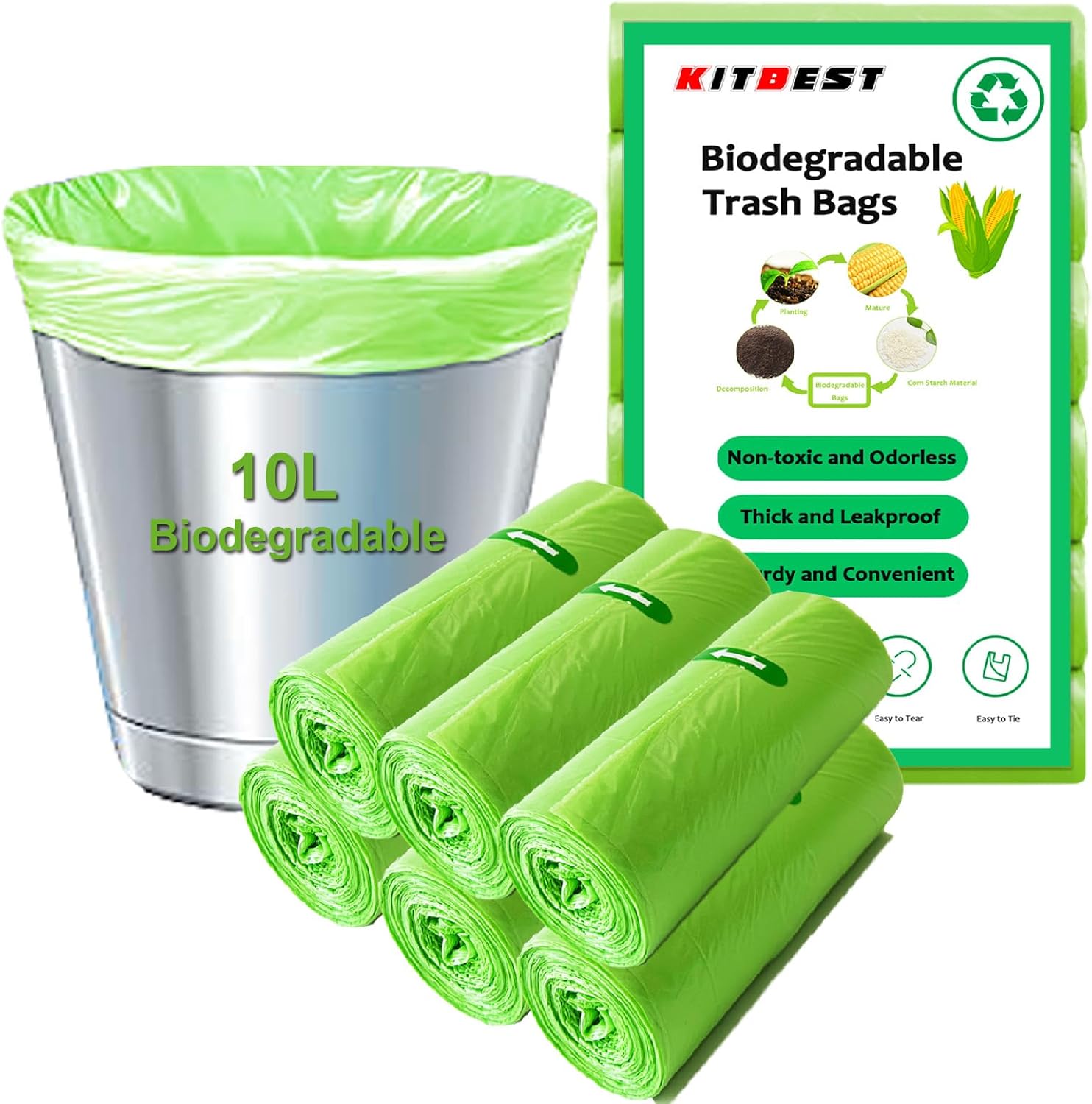 Biodegradable Bin Bags Liner 120 Counts, 10L Food Waste Bags Trash Bag Small, 10 Litre Compostable Compost Caddy Liners, Recycled Degradable Rubbish Garbage Bag for Kitchen Office, Green. 45 x 50cm
