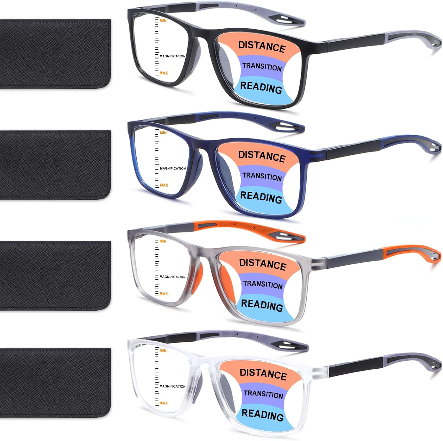 BLOEXCLU 4 Pack Progressive Multifocus Reading Glasses for Men Women TR90 Sports Style Anti-Blue Light Computer Readers