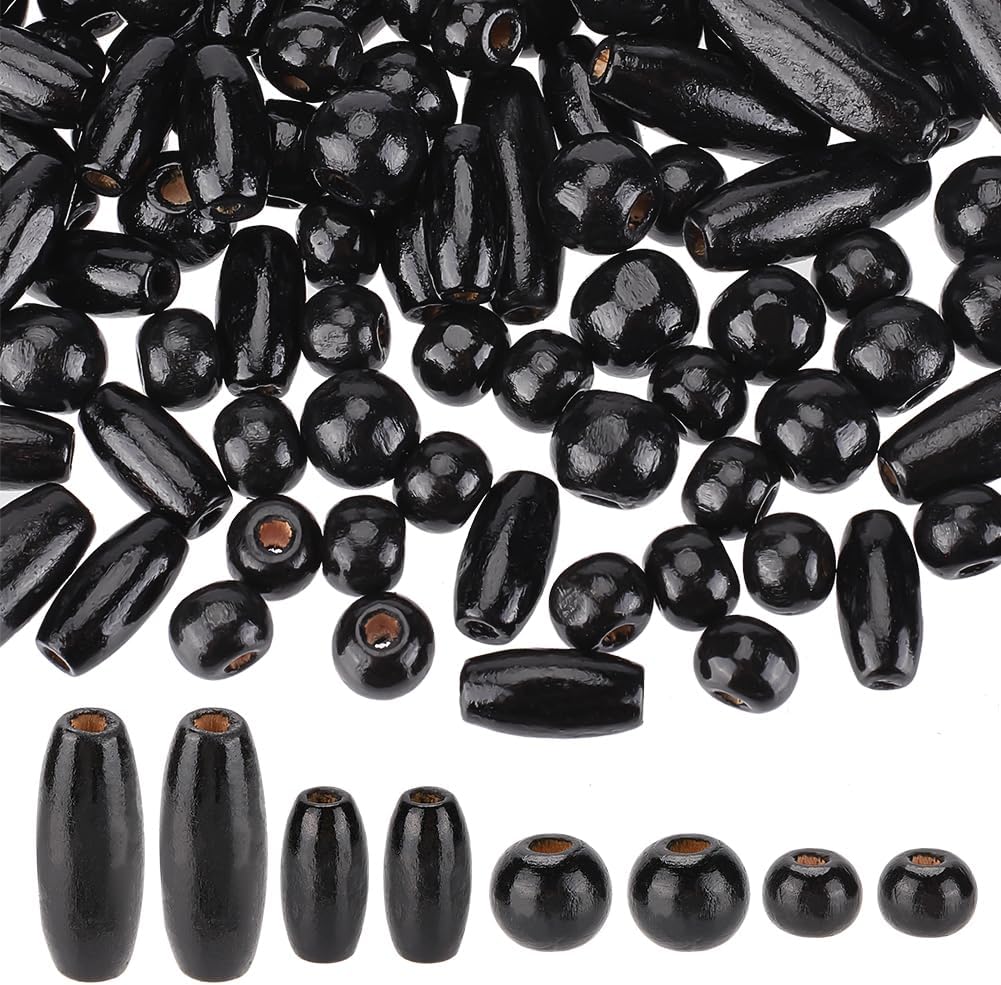 PH PandaHall 480pcs Black Wooden Beads, 4 Styles Natural Wood Beads Dyed Wooden Spacer Beads Round/Oval Loose Beads Tube Beads for Jewelry Making Hair Handmade DIY Craft Farmhouse Decor