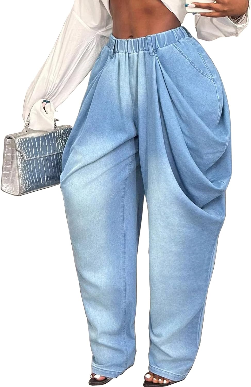 Women's Baggy Harem Jeans High Waist Loose Fit Ruched Floor Mopping Wide Leg Denim Street Hip Hop Jeans