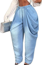 Women's Baggy Harem Jeans High Waist Loose Fit Ruched Floor Mopping Wide Leg Denim Street Hip Hop Jeans
