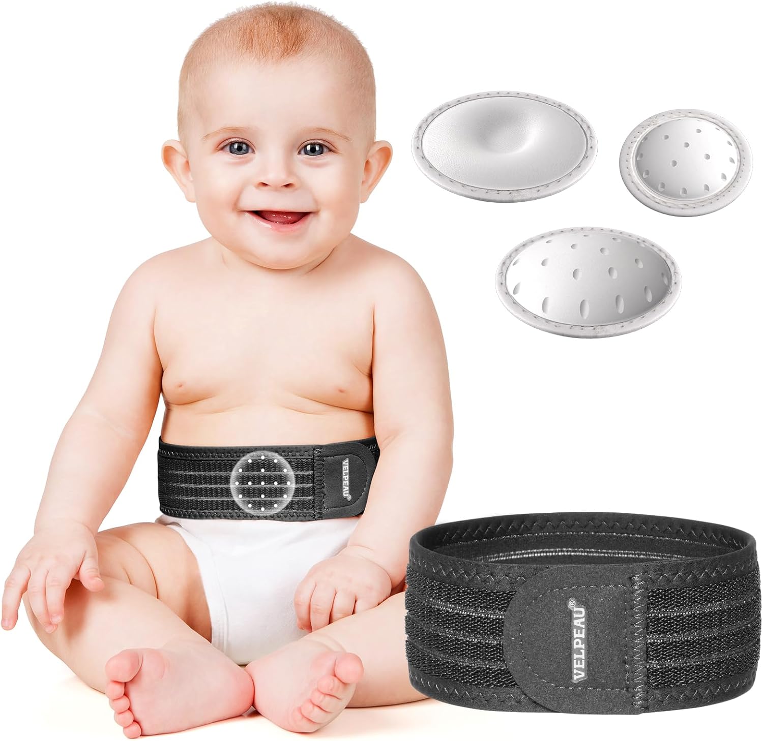VELPEAU Umbilical Hernia Belt Baby Newborn -with 3 Different Shaped Compression Pads, Belly Button Navel Band Wrap Truss Abdominal Binder Support for Infant, Children, Toddler, Kids, Black One Size < 20"