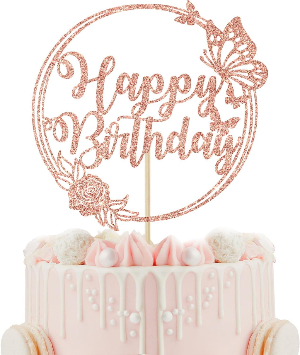 Rose Gold Glitter Butterfly Cake Toppers - Happy Birthday & Special Occasion Decorations