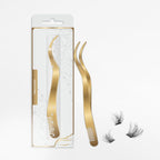 2 in 1 Lash Tweezer with Comb, Eyelash Extension, Stainless Steel Elbow Tweezers, Precise Eyebrow Tweezers Tool, Lashes Tweezer Applicator for DIY Applying False Eyelashes Clusters, Gold