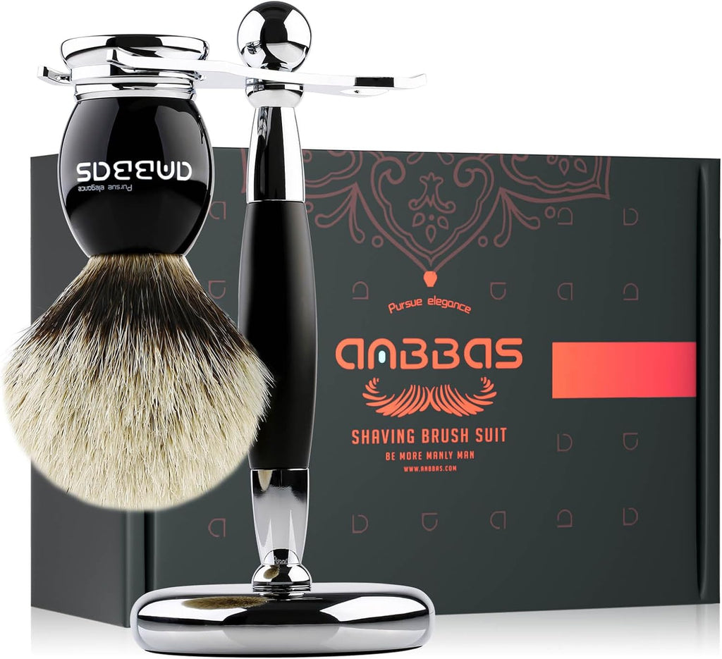 Anbbas Shaving Brush and Stand,Silvertip Badger Hair Brush Black Resin Alloy Handle with Stainless Steel Shaving Stand for Double Edge Safety Razor Straight Razor for Men