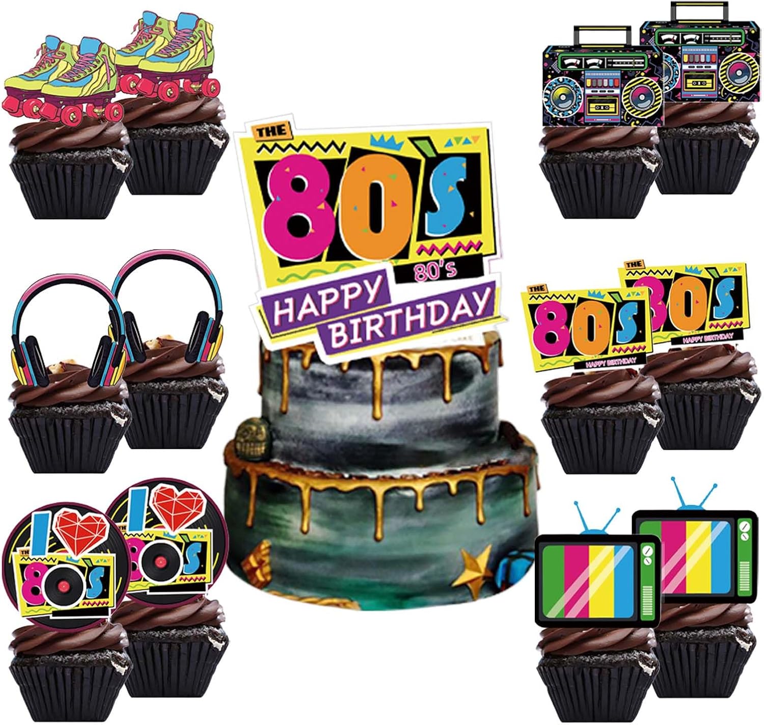 25PCS 80s Cake Toppers, 80's Themed Cupcake Toppers Kit, Retro Hip Hop Cake Decorations for Born in the 80s, 80's Themed Cupcake Picks Decorations Birthday Party Supplies