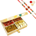 Ghasitaram Gifts Rakhi Gifts for Brothers Rakhi Dryfruit Hampers - Gold 4 Part with Almonds,Raisins, and Assorted Bites 600 GMS with 2 Rudraksh rakhis