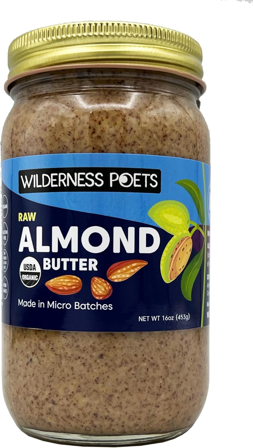 Wilderness Poets, Almond Butter - Organic Raw Nut Butter (1 Pound) - Vegan, Gluten Free, Non GMO, No Salt, No Sugar - Glass Jar