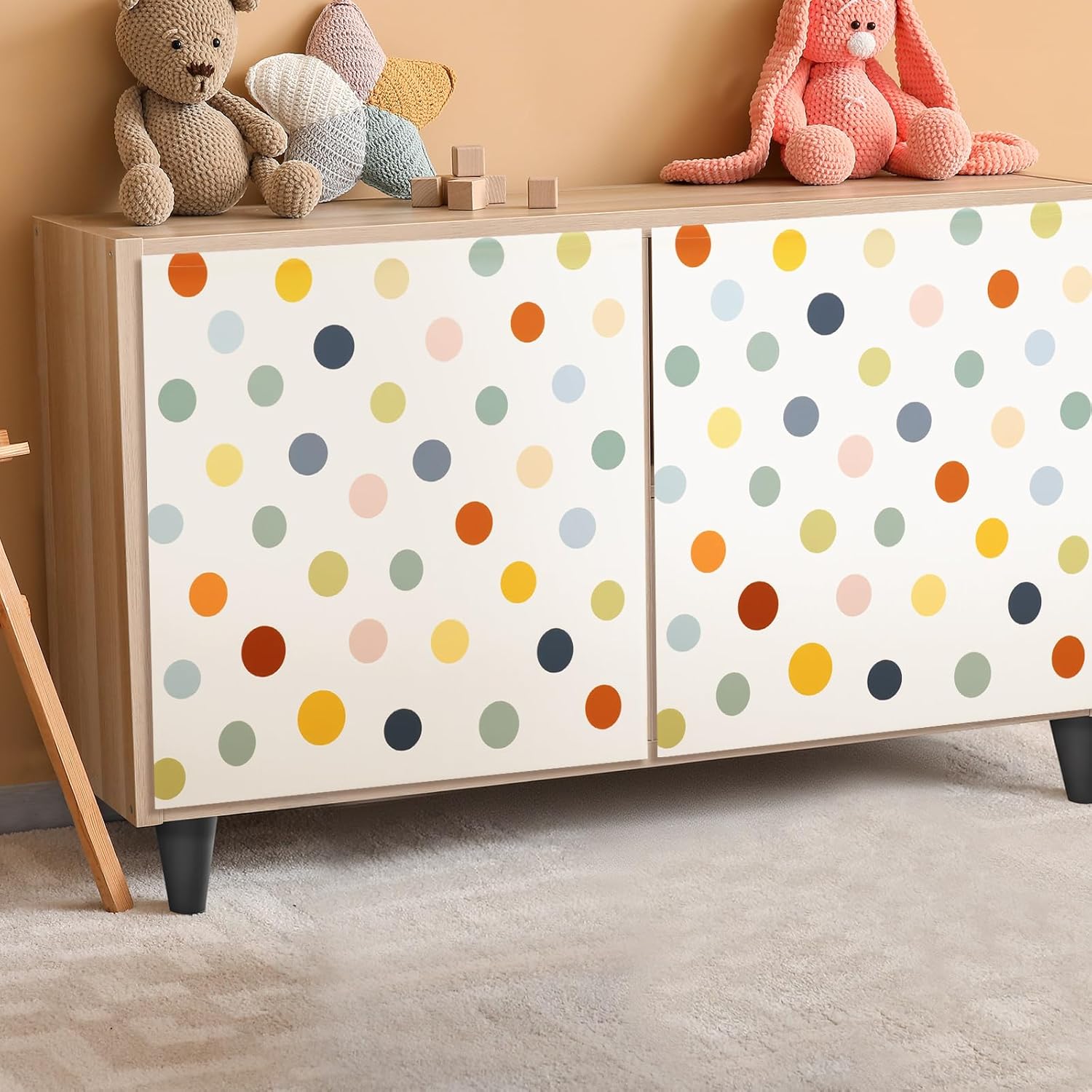 4 Pcs Classroom Cabinet Curtains for Shelves 24.02 x 24.61 Inches Self Adhesive Curtains for School Kindergarten Daycare Primary School Classroom Playroom (Morandi Dots)