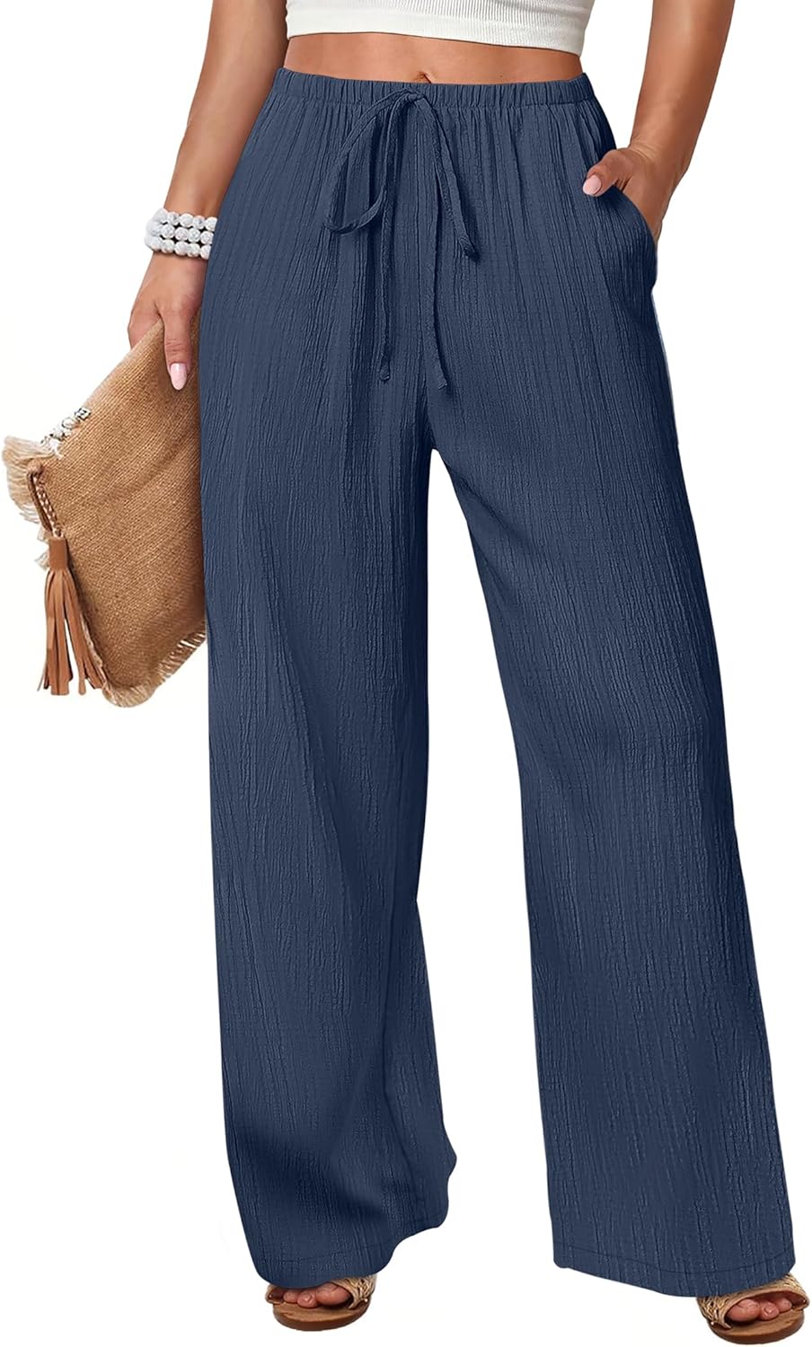 ANRABESS Women's Wide Leg Beach Pants Elastic Waist Lightweight Casual Flowy Palazzo Lounge Trousers with Pockets