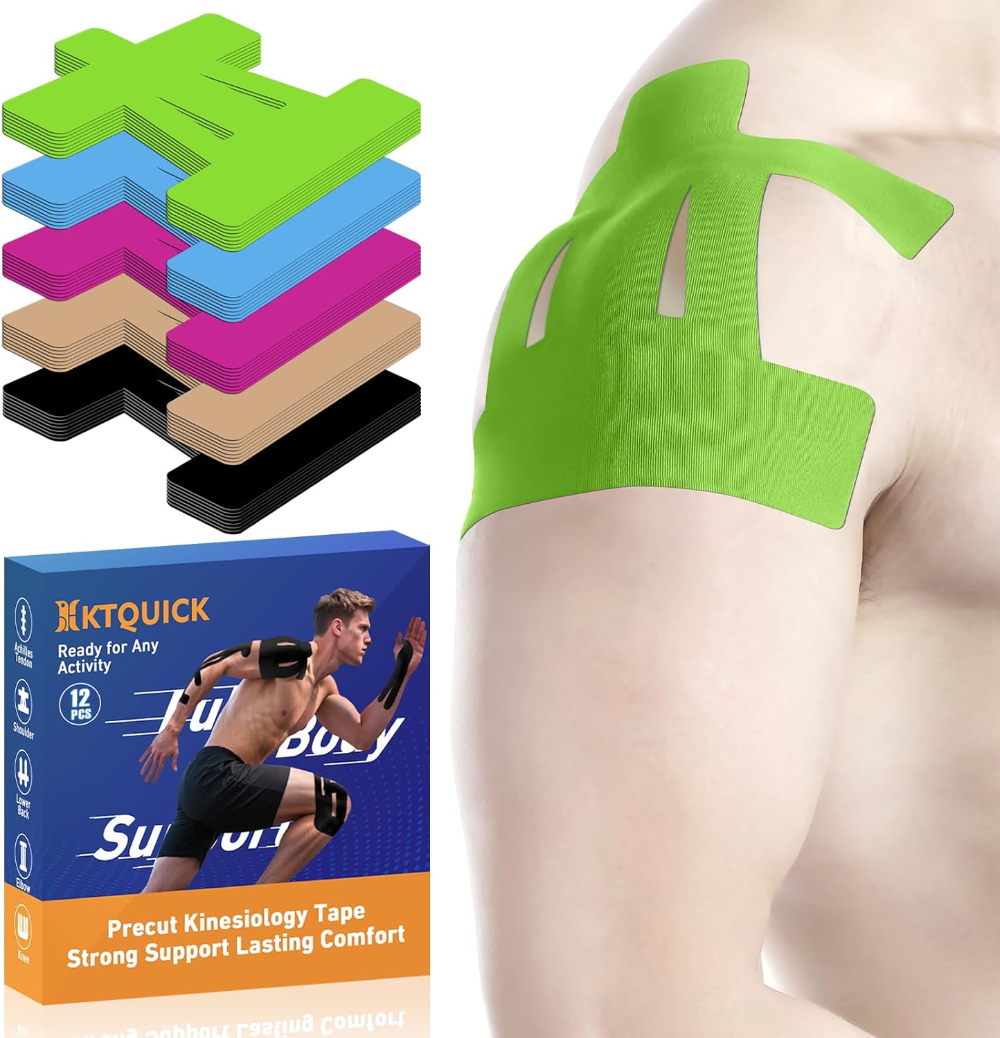 Kinesiology Tape for Shoulder Precut, 12 PCS Shoulder Tape for Pain Relief, KTQUICK Original Cotton Waterproof & Breathable, Enhance Elastic Sports Tape for Pain Support and Muscle Sports, Green