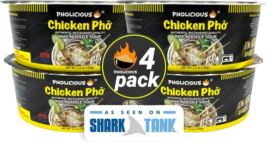 PhoLicious Instant Chicken Pho, Authentic Vietnamese Rice Noodle Soup Kit with Spices & Broth Mix, Ramen Noodles Alternative, Quick Microwave Meal - Pho Noodles Bowl - Chicken Flavor (4 Pack)