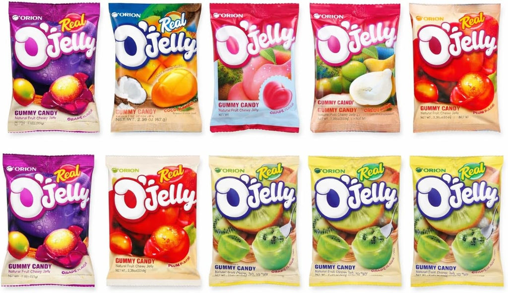 Korean Fruit Jelly Candy Variety Pack – Chewy Gummy Snacks, 5 Flavors (Grape, Plum, Peach, Kiwi, Coco Mango) – Large 2.36 oz Bags (10 PACK)