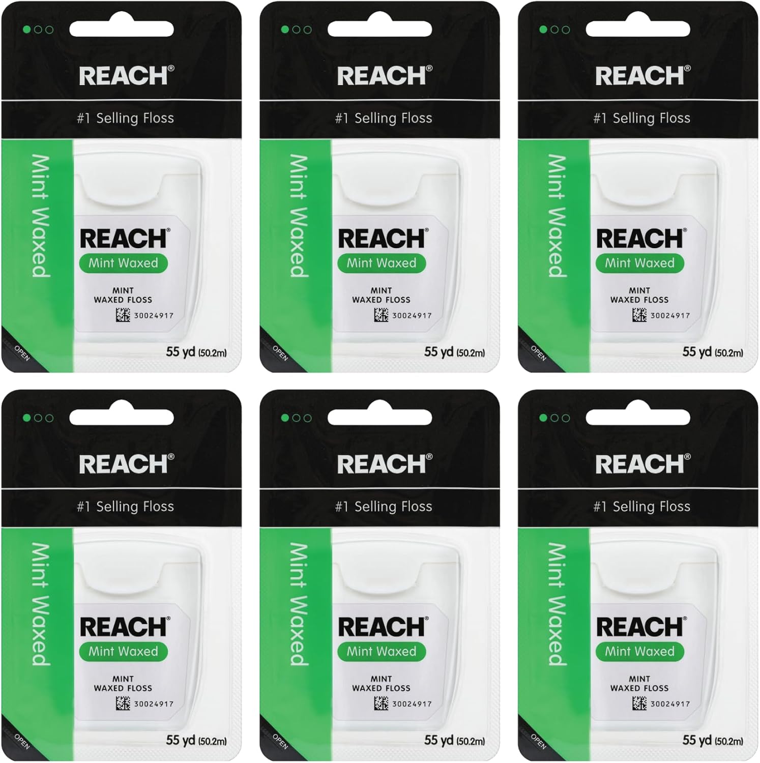 REACH Waxed Dental Floss, Mint, Plaque Remover for Teeth, Shred Resistant, Floss Slides Smoothly, Easy to Use, Waxed, Deep Cleaning Teeth, Oral Care, PFAS Free, for Adults & Kids, 6 Pack, 55 yd