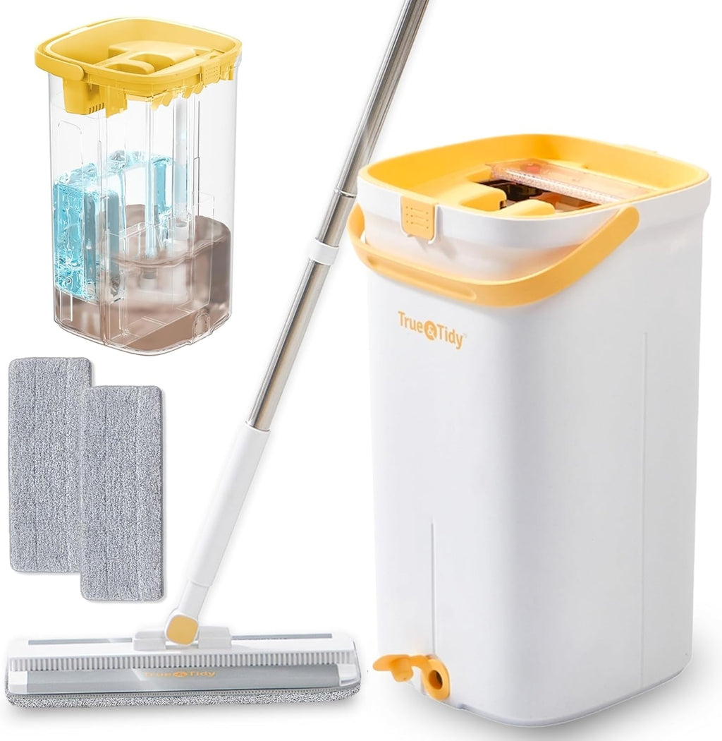True & Tidy® TrueClean Mop & Bucket Spin Mop Pump System, Patent Pending 3 Compartments Separate Clean & Dirty Water, Hands-Free Self-Wringing Aluminum Head, Machine Washable Pads, in Gift Box