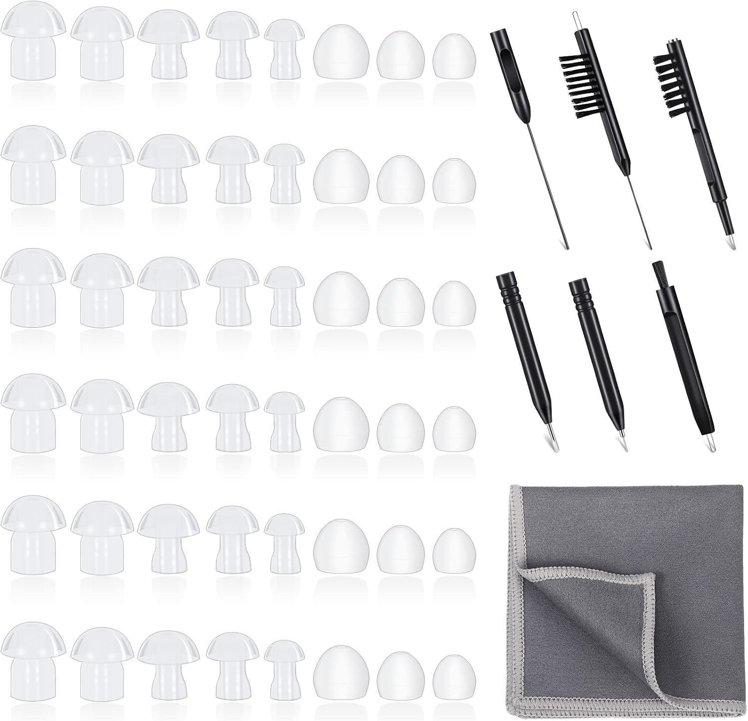 48 Pieces Hearing Aid Tips Hearing Aid Domes Universal Domes for Earbud Tip Replacement, BTE Sound Amplifier Accessories and 7 Pieces Cleaning Tools with Velvet Bag